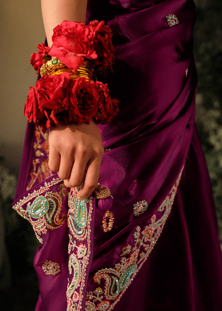 Mardi Gras Purple Dola Silk Saree with Hand Embroidery work - qivii