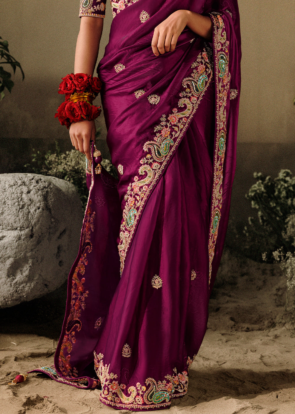 Mardi Gras Purple Dola Silk Saree with Hand Embroidery work - qivii