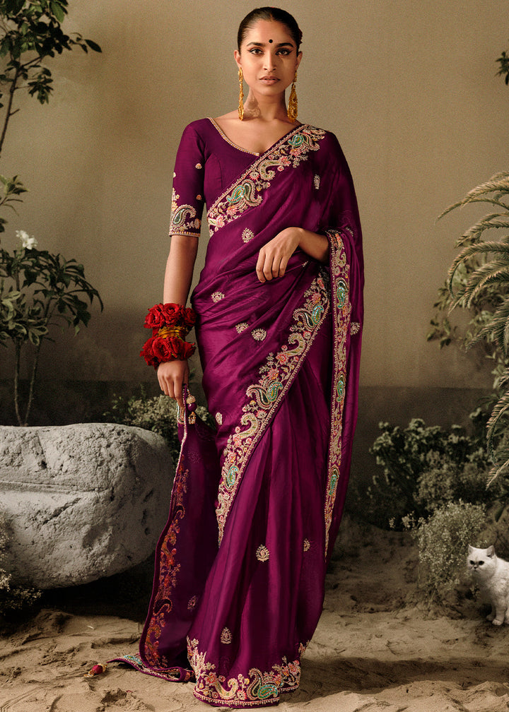 Mardi Gras Purple Dola Silk Saree with Hand Embroidery work - qivii