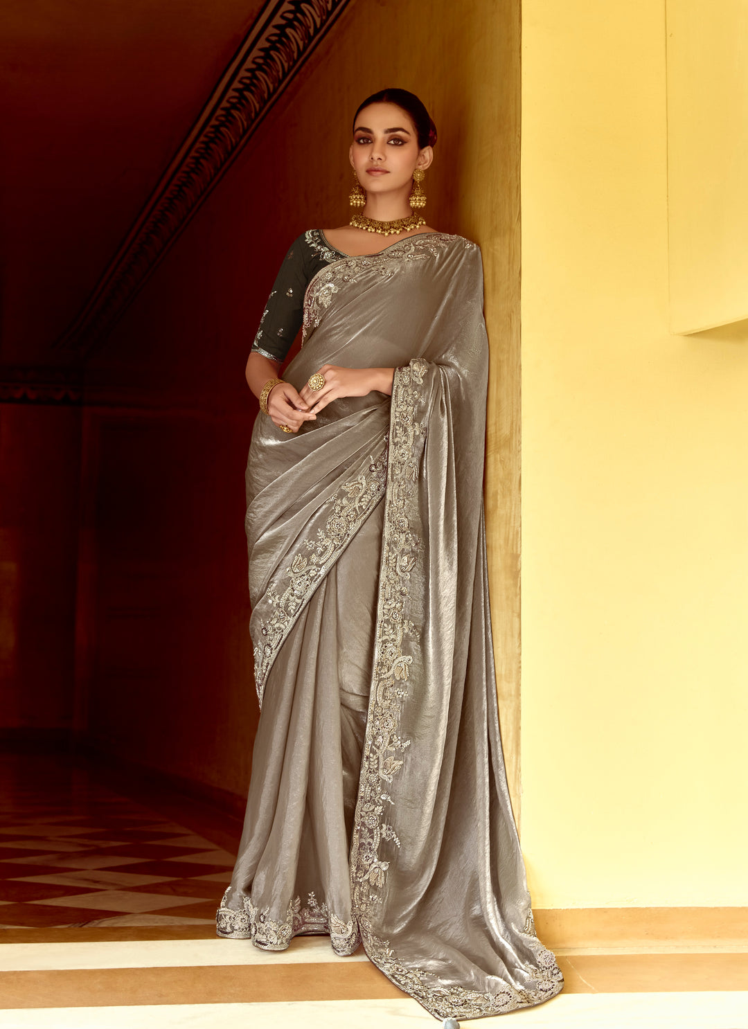 Silver Fancy Fabric Beautified With Sequins ,Dhaga ,Thread Embroidered Work Saree - qivii