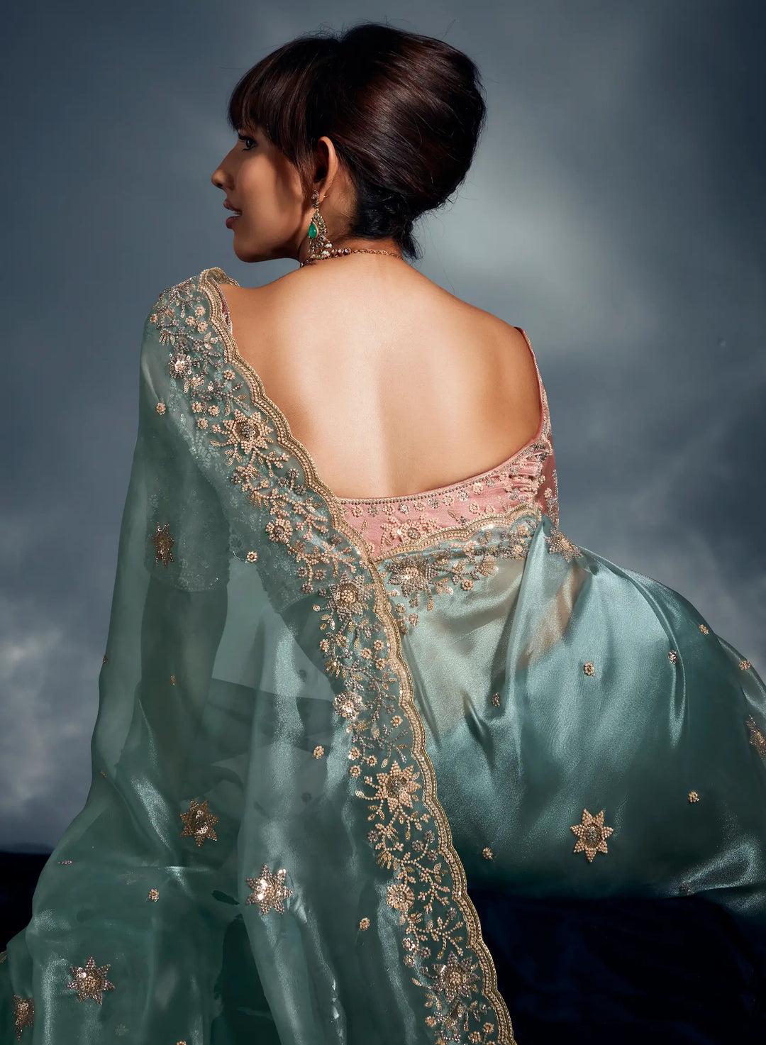 Greyish Teal Organza Tissue Khatli Work Saree - qivii