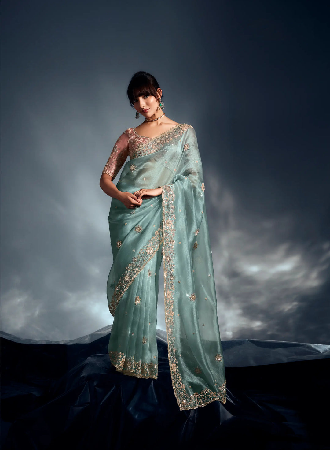 Greyish Teal Organza Tissue Khatli Work Saree - qivii