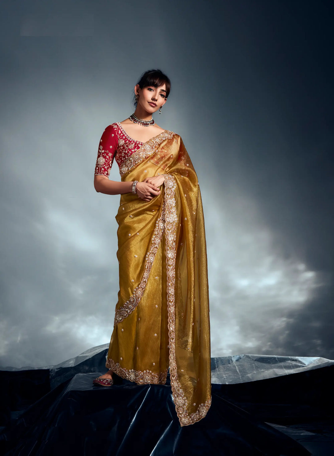 Golden Yellow Organza Tissue Khatli Work Saree - qivii