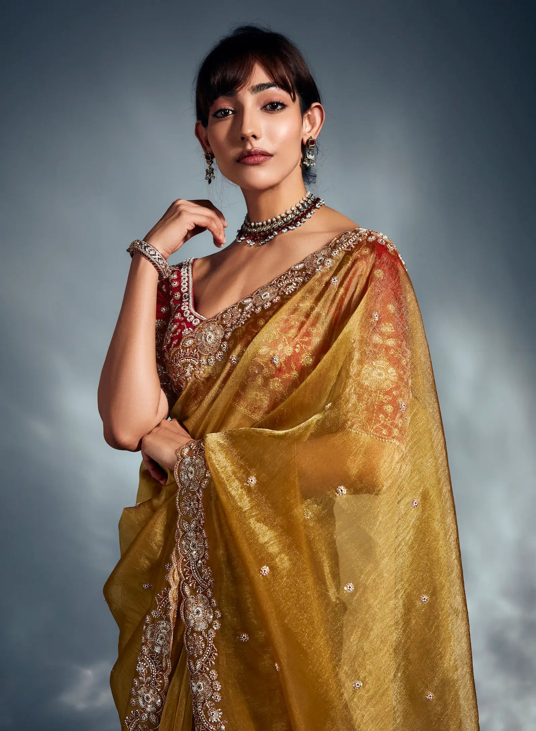 Golden Yellow Organza Tissue Khatli Work Saree - qivii