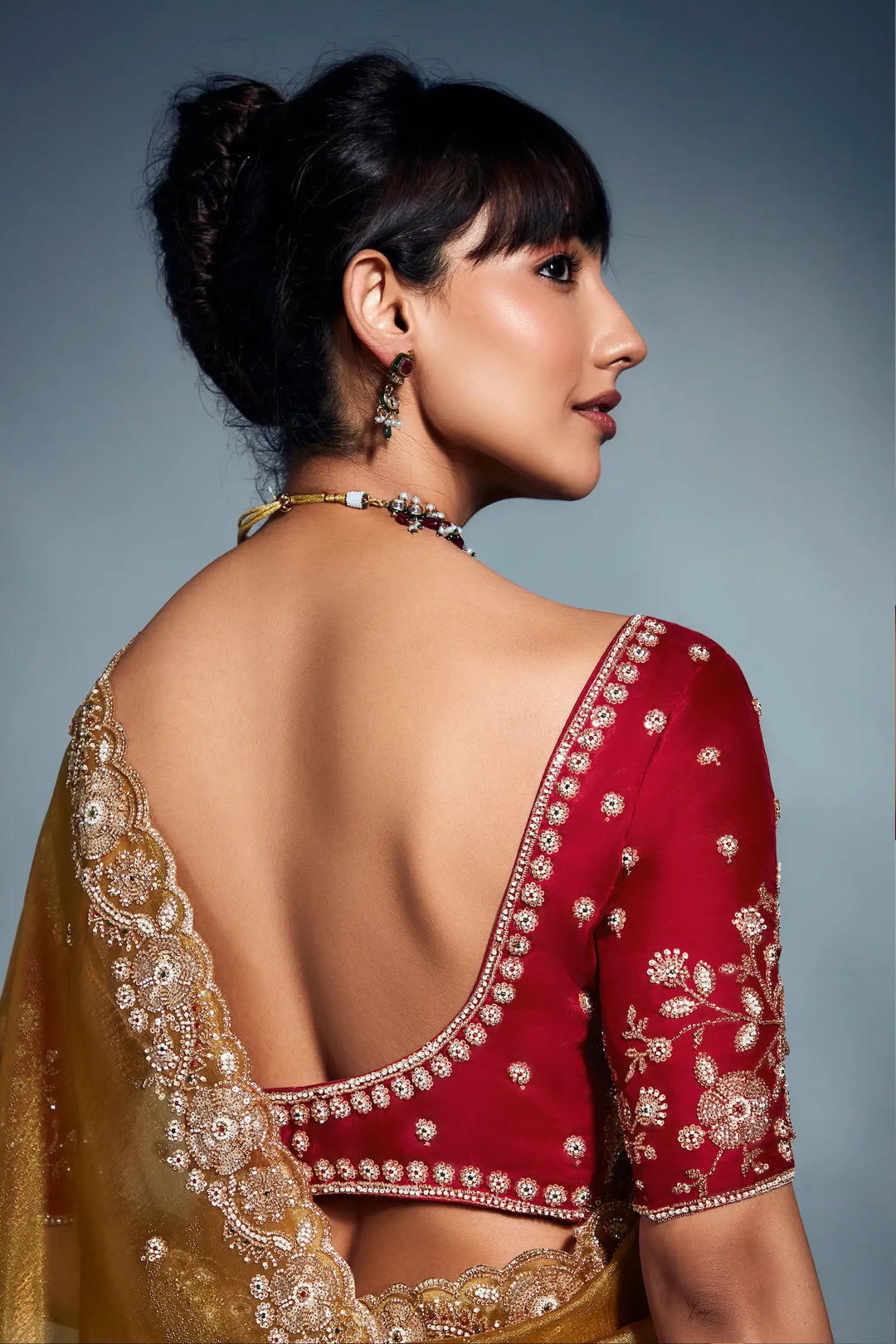 Golden Yellow Organza Tissue Khatli Work Saree - qivii