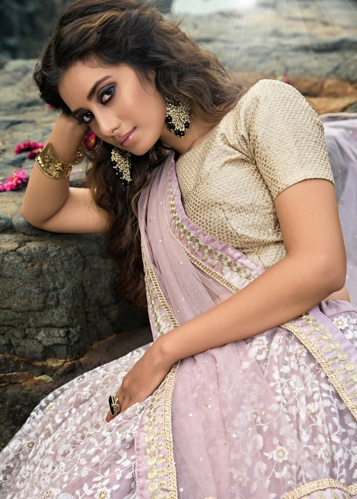 Mauve Purple Designer Soft Net Lehenga Choli with Thread & Zari work | Ready To Wear - qivii