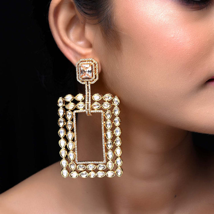  Large Kasturi Copper Stone Gold Plated Kundan Polki Earrings with intricate stone detailing 