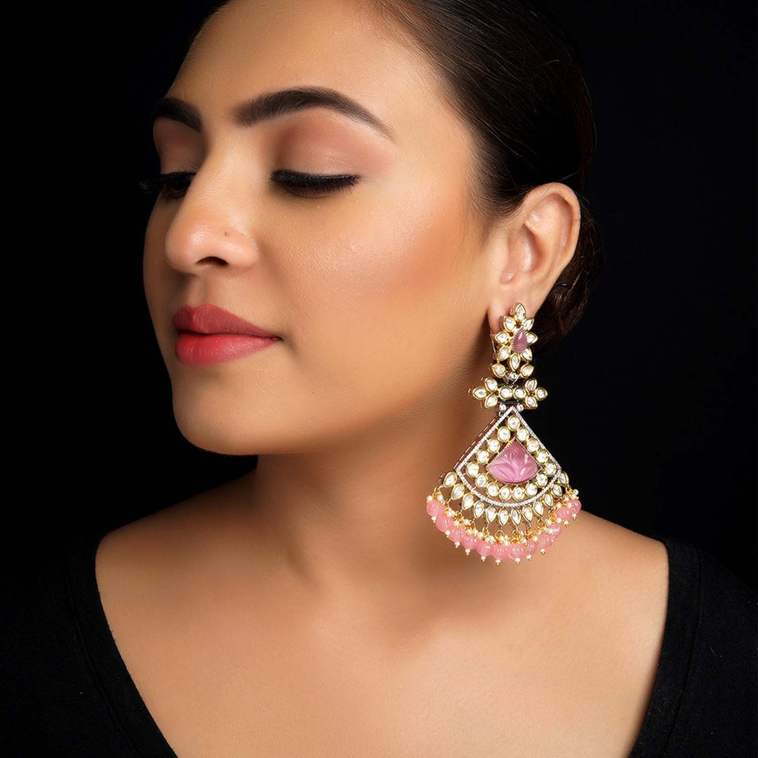 Beautiful long dangler earring with pink carving stones and hangings 