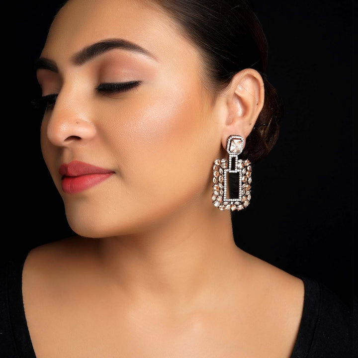 Disha Diamond Work Rhodium Plated Copper Victorian Earrings with intricate detailing