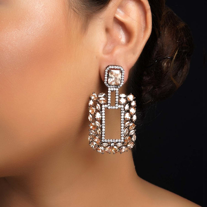 Disha Diamond Work Rhodium Plated Copper Victorian Earrings, elegant and intricate design with sparkling diamond accents