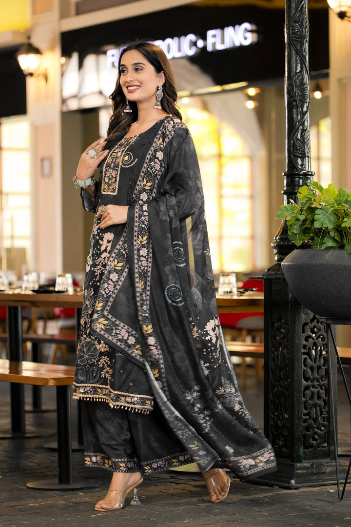 Black Chinon Salwar Suit With Print & Hand Work - qivii