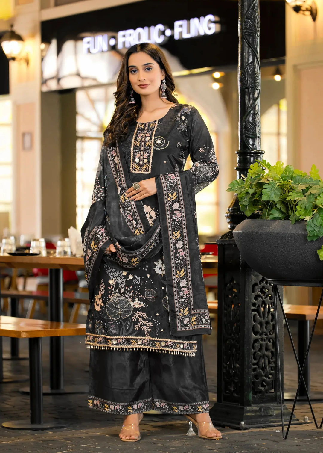 Black Chinon Salwar Suit With Print & Hand Work - qivii