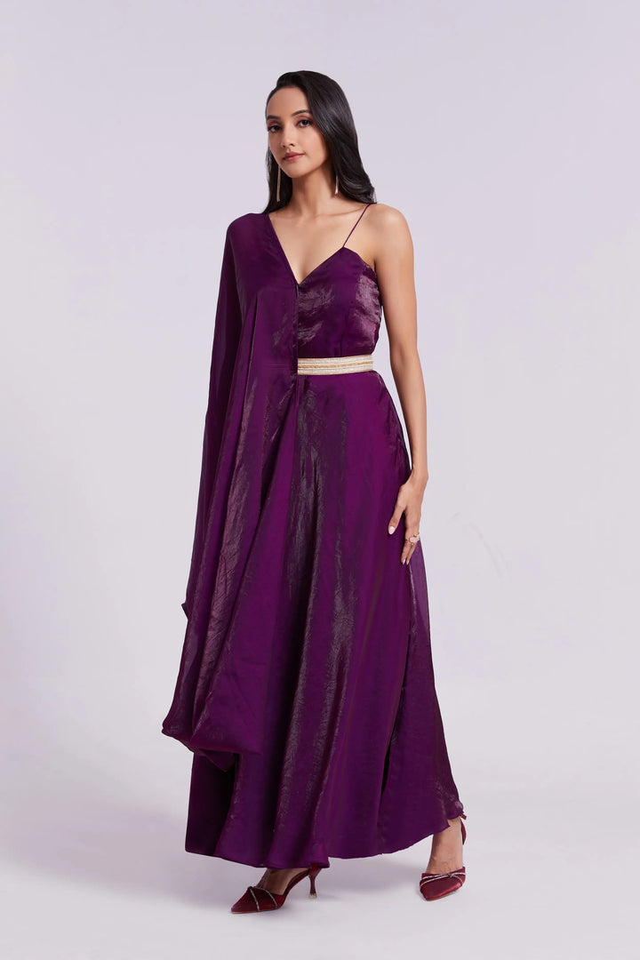 Wine Pure Organza Gown With Dupatta - qivii