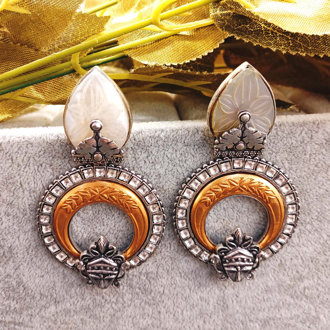  Intricately Designed Two Tone Earrings with White Carving Stone 