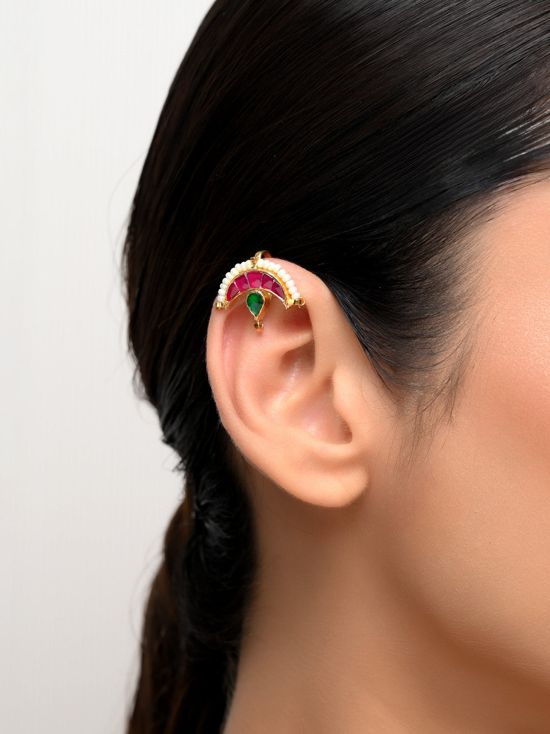 Narmada Medium Size Ruby Gold Plated Kundan Ear Cuff [ Price is for Pair ] - qivii