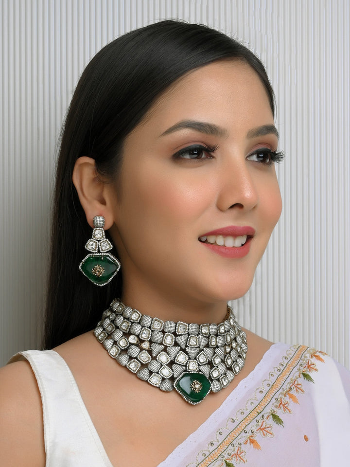 Green Victorian Necklace Set crafted with traditional Victorian styling and American Diamond setting