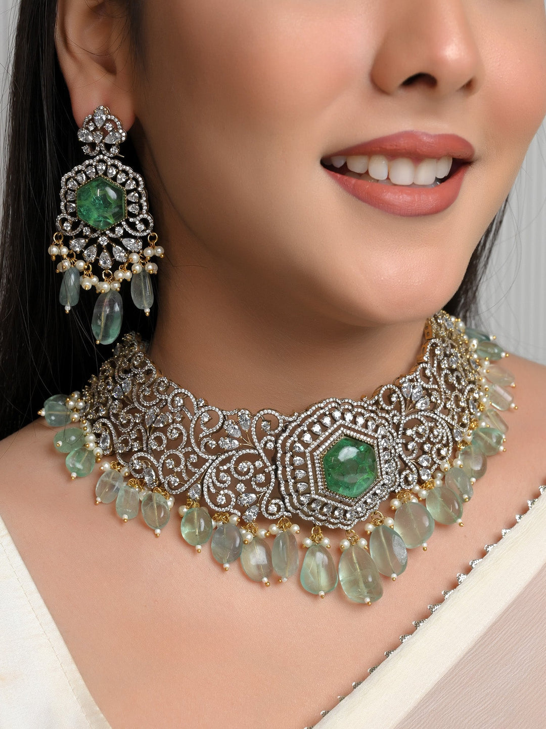 Exquisite Rajni Mint Green Polki Necklace Set with intricate detailing
