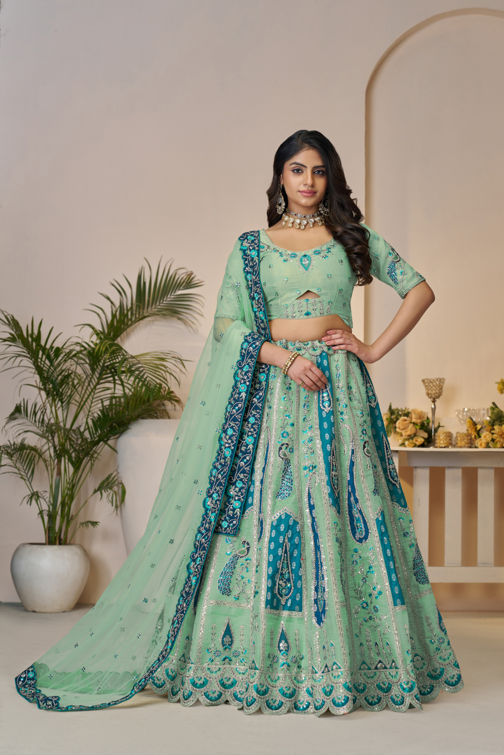 Royal Grandeur Sky Blue Bridal Lehenga with Paisley and Peacock Embroidery - qivii
