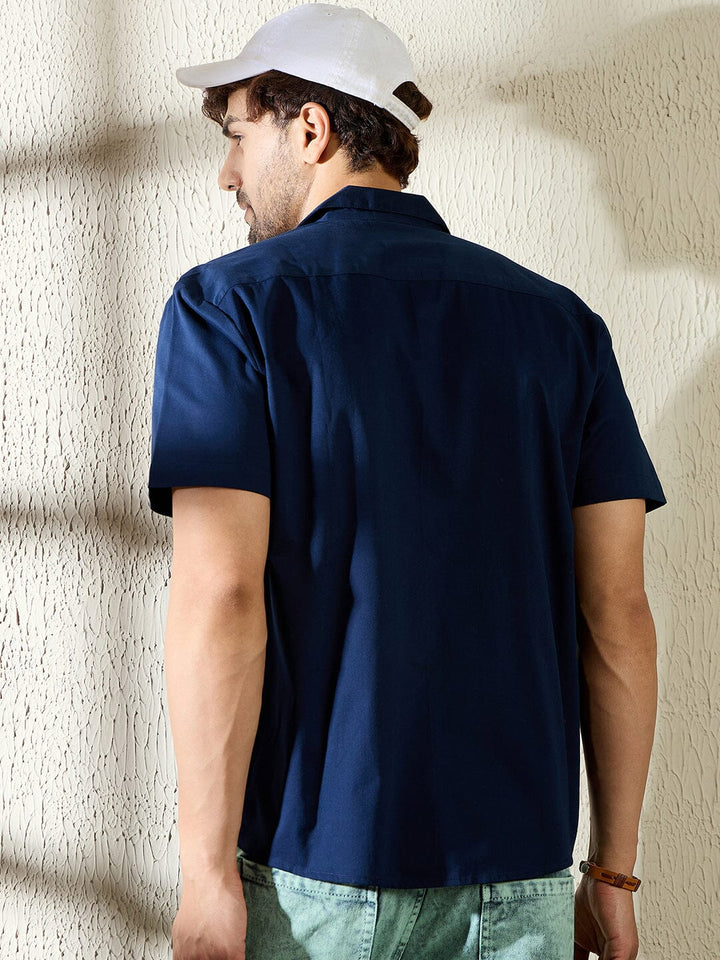 Navy Rose Embroidery Cuban Shirt