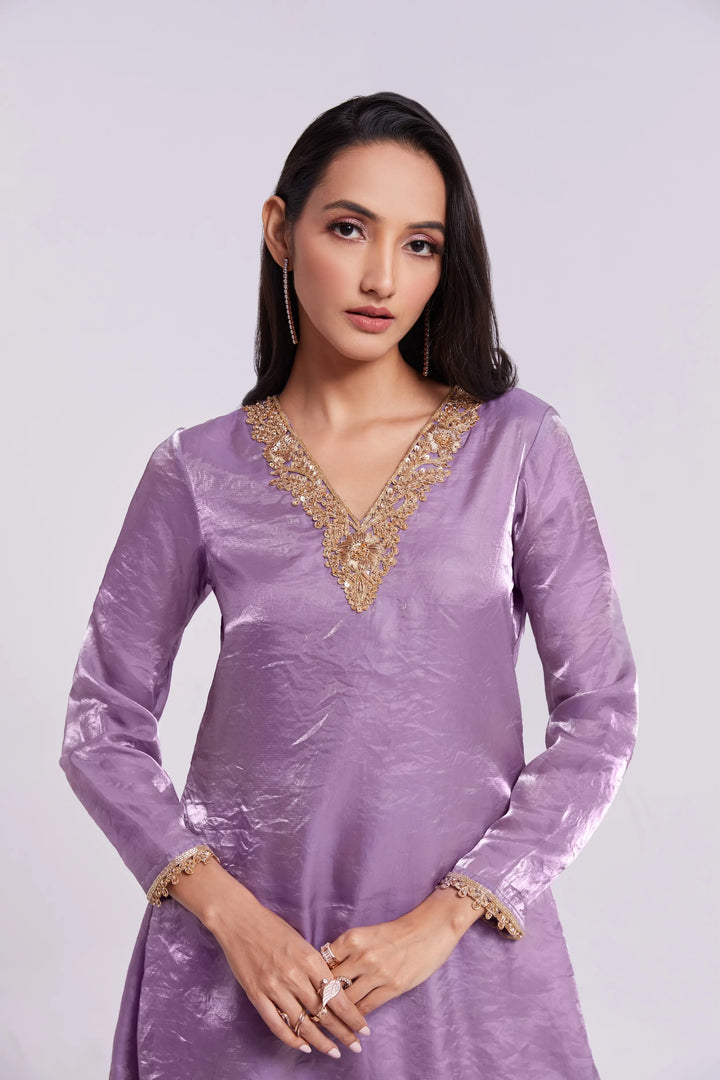 Lilac Purple Pure Organza Salwar Suit With Handwork - qivii