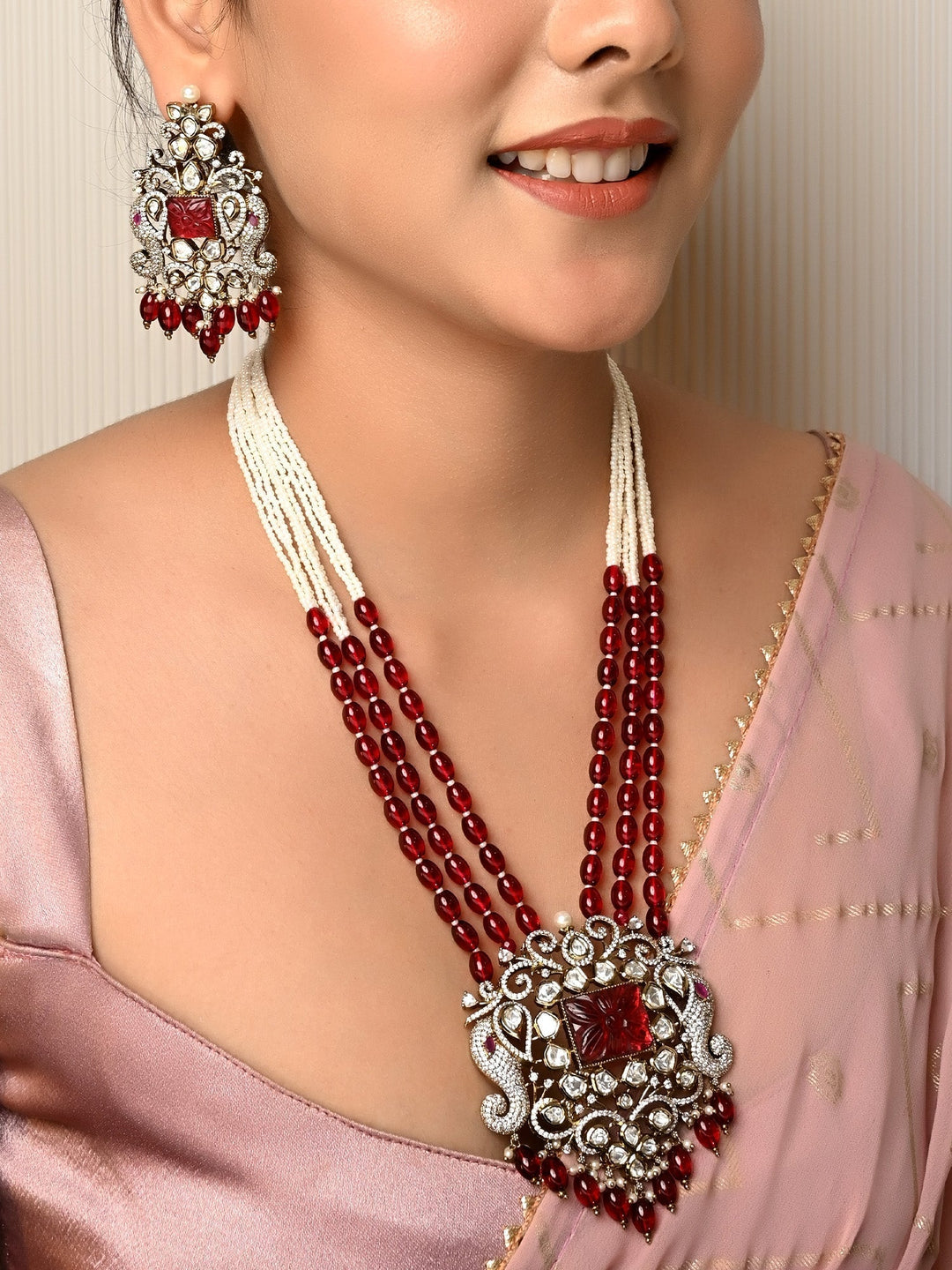  Beautiful Kundan Polki Necklace Set featuring vibrant triple layered beads chain and ruby pearl hanging 