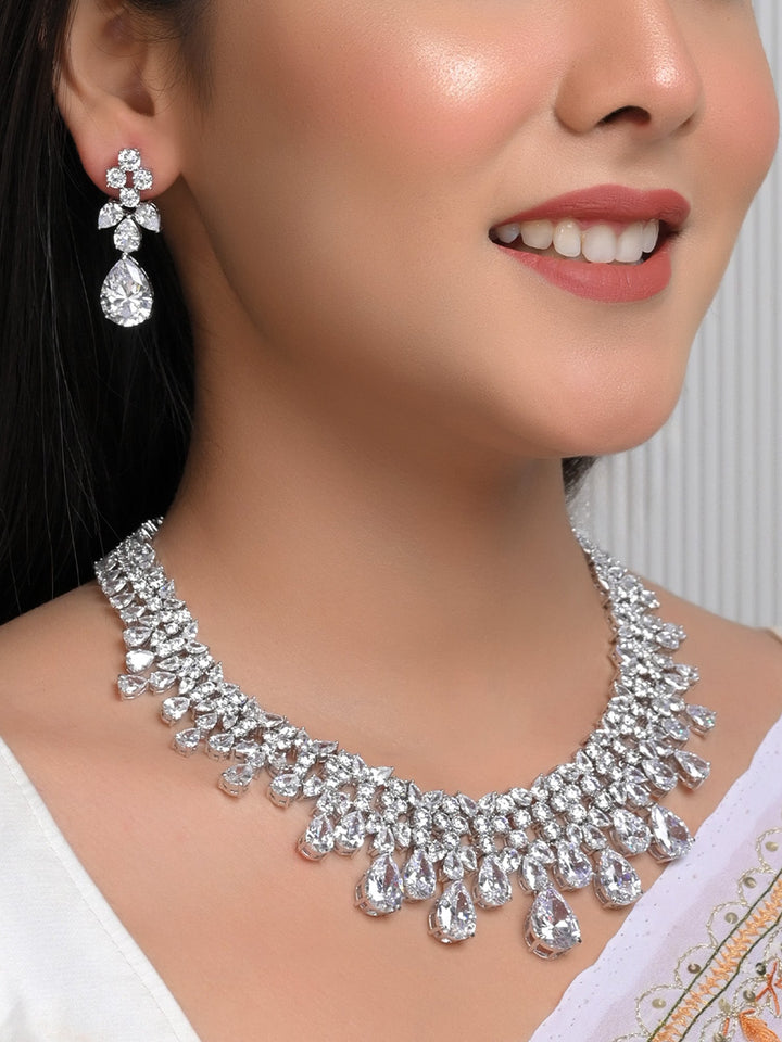 Stunning White American Diamond Necklace Set with silver plated brass metal, exuding undeniable sparkle and brilliance, perfect for any special occasion