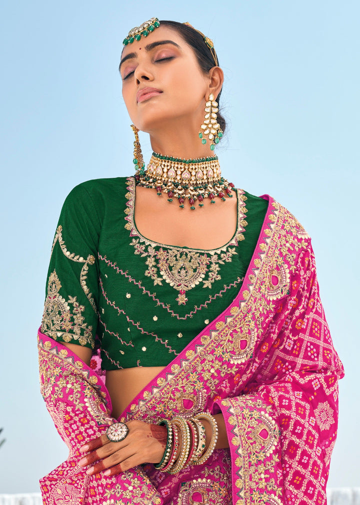 Hot Pink Pure Georgette Bandhani Patola With Zari Weaving Heavy Work Saree - qivii