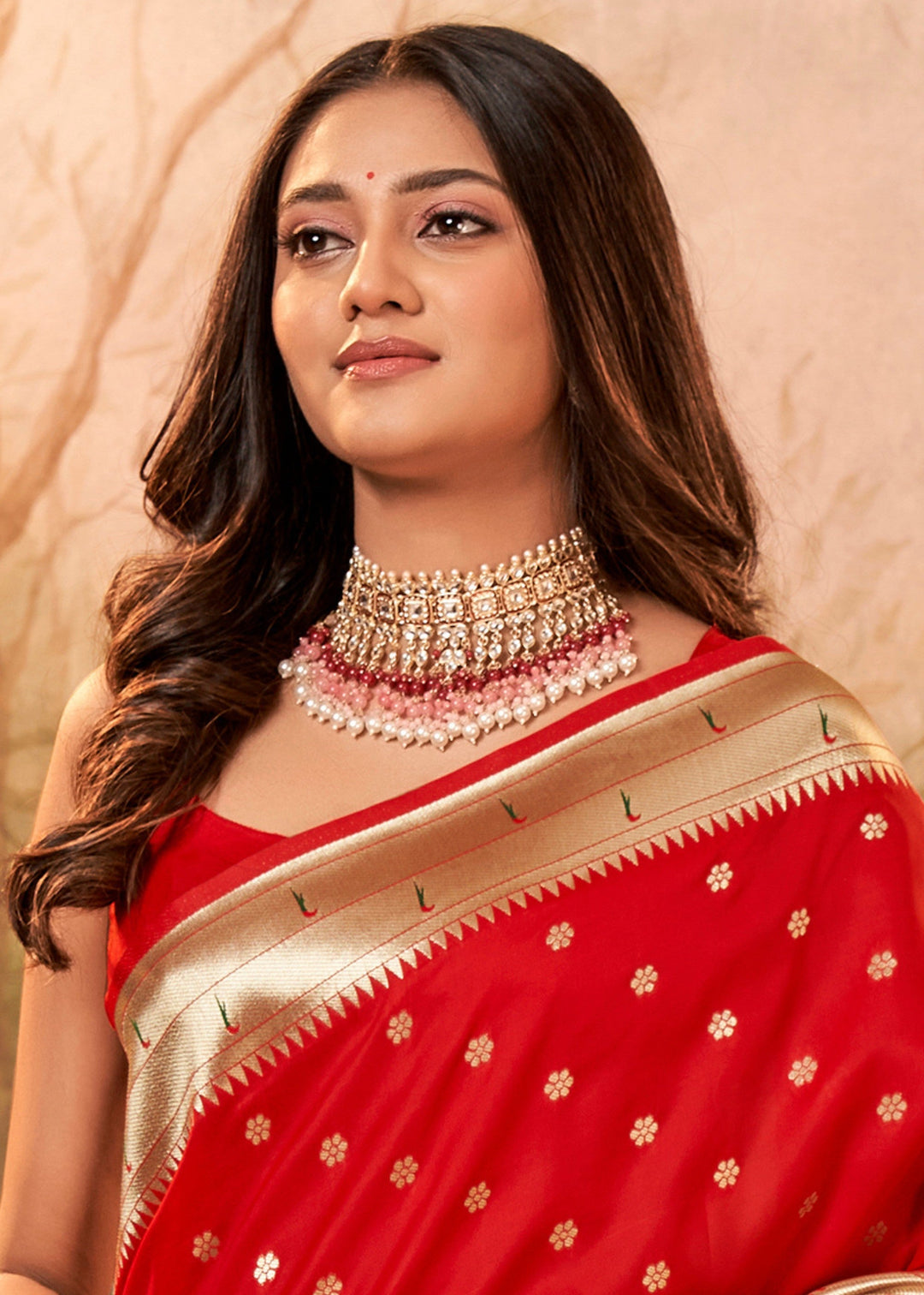 Cherry Red Paithani Silk Saree With Zari Weaving - qivii