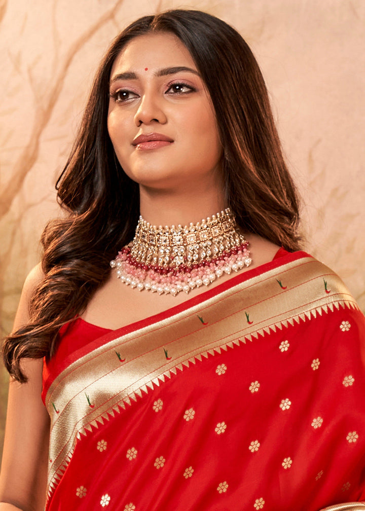 Cherry Red Paithani Silk Saree With Zari Weaving - qivii