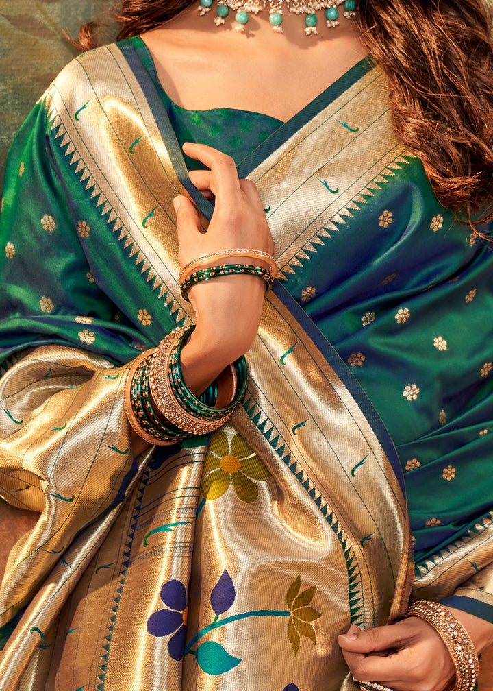 Dark Green Paithani Silk Saree With Zari Weaving - qivii