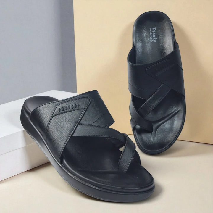 FRANKY GS44 Men's BLACK Chappal/Flip flop/Slipper Extra Soft Cushion Chappal/Slipper/ Ethnic Wear Leather Navratri Fashion Footwear. - qivii