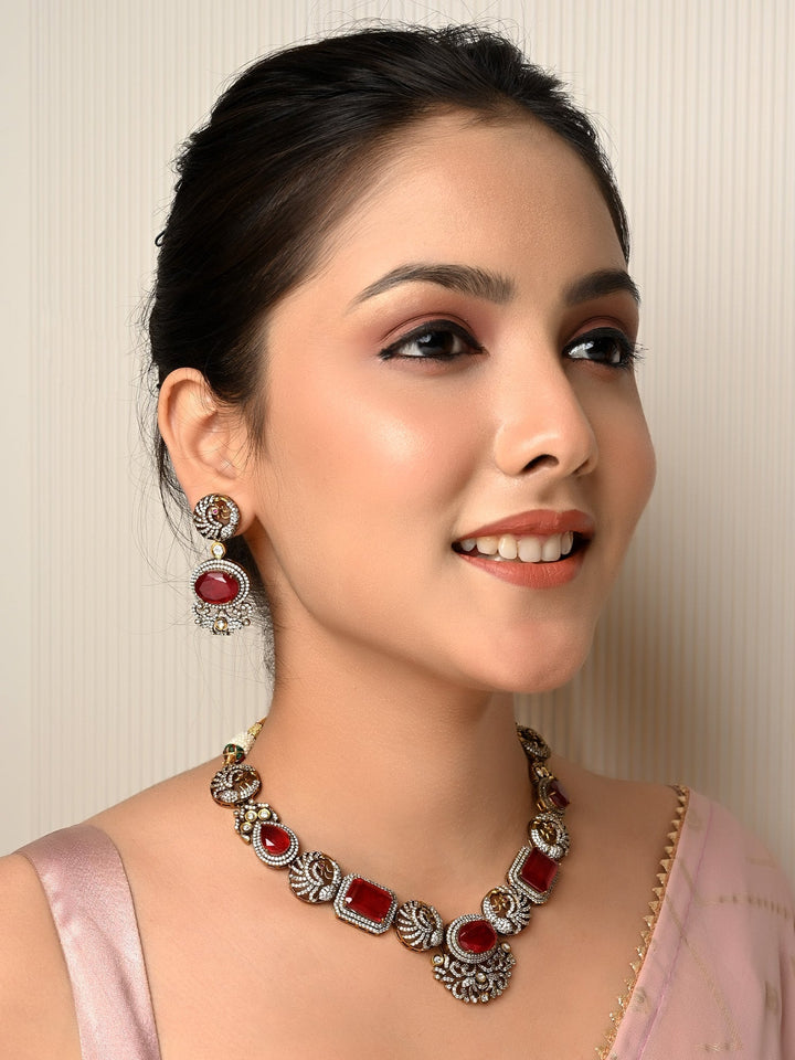 Maroon Victorian Necklace Set with American Diamond Setting in Antique Gold Plated Brass Metal