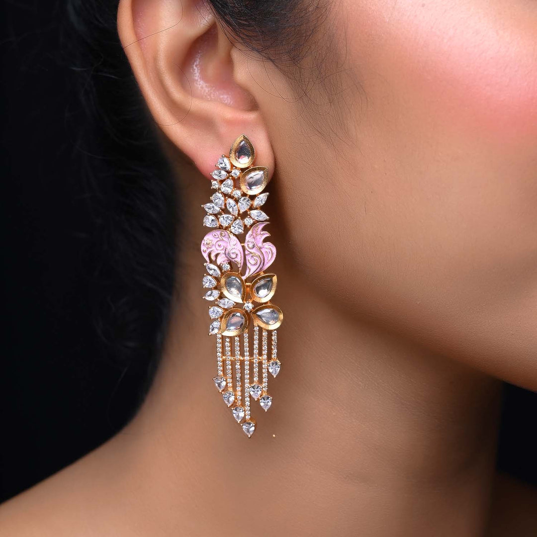  Gold plated brass metal earrings with AD and stones in Pinky Pink color 