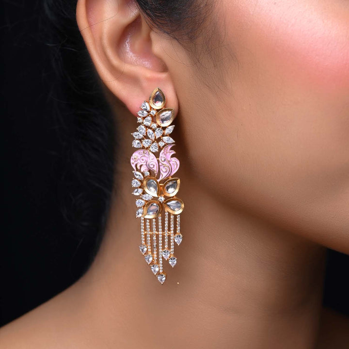  Gold plated brass metal earrings with AD and stones in Pinky Pink color 