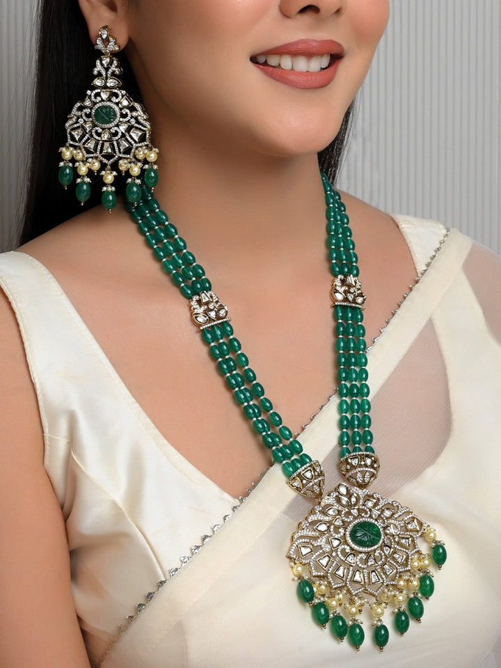  Elegant Kundan Polki Long Necklace Set with Pearl and Beads Hanging, perfect for any special occasion 