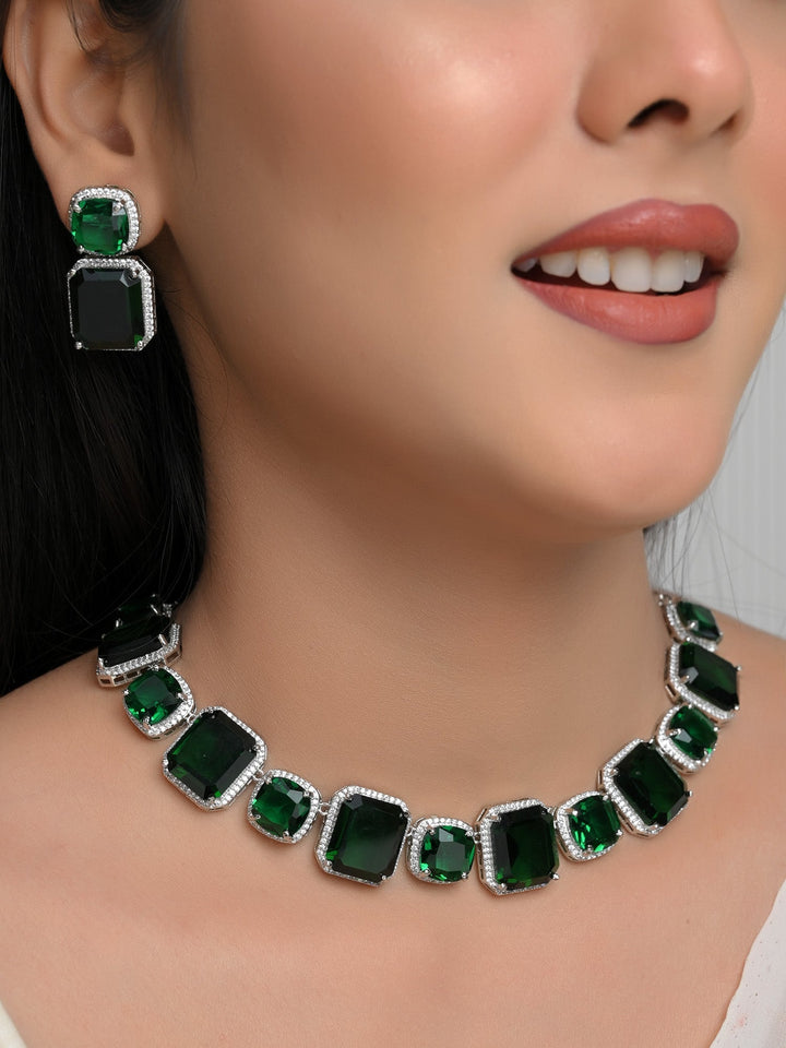  Beautiful Echo Green American Diamond Necklace Set with sparkling American Diamond stones and silver plated brass metal, adding elegance to any outfit 