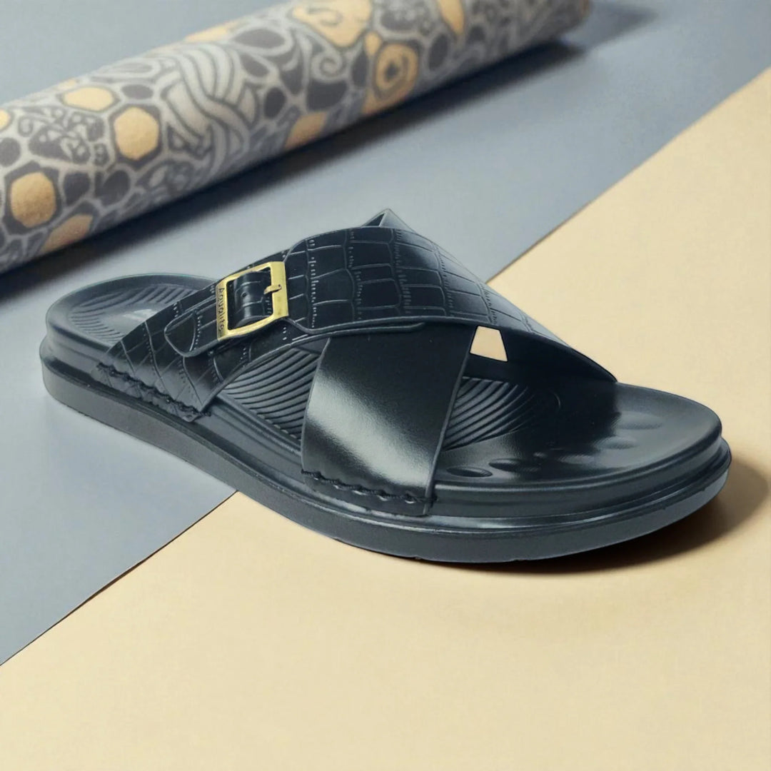 AQUALITE PG2123 BLACK Men's Chappal/Flip flop/ Slipper/Extra Soft Chappal/Slipper Ethnic Wear Leather With Adjustable Buckle Strap/Navratri Fashion Footwear. - qivii