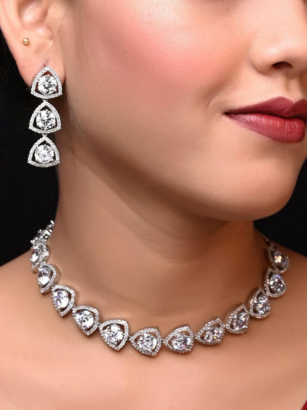  Elegant Zaara Silver Plated Semiprecious White Stone American Diamond set featuring intricate design and stunning white stones