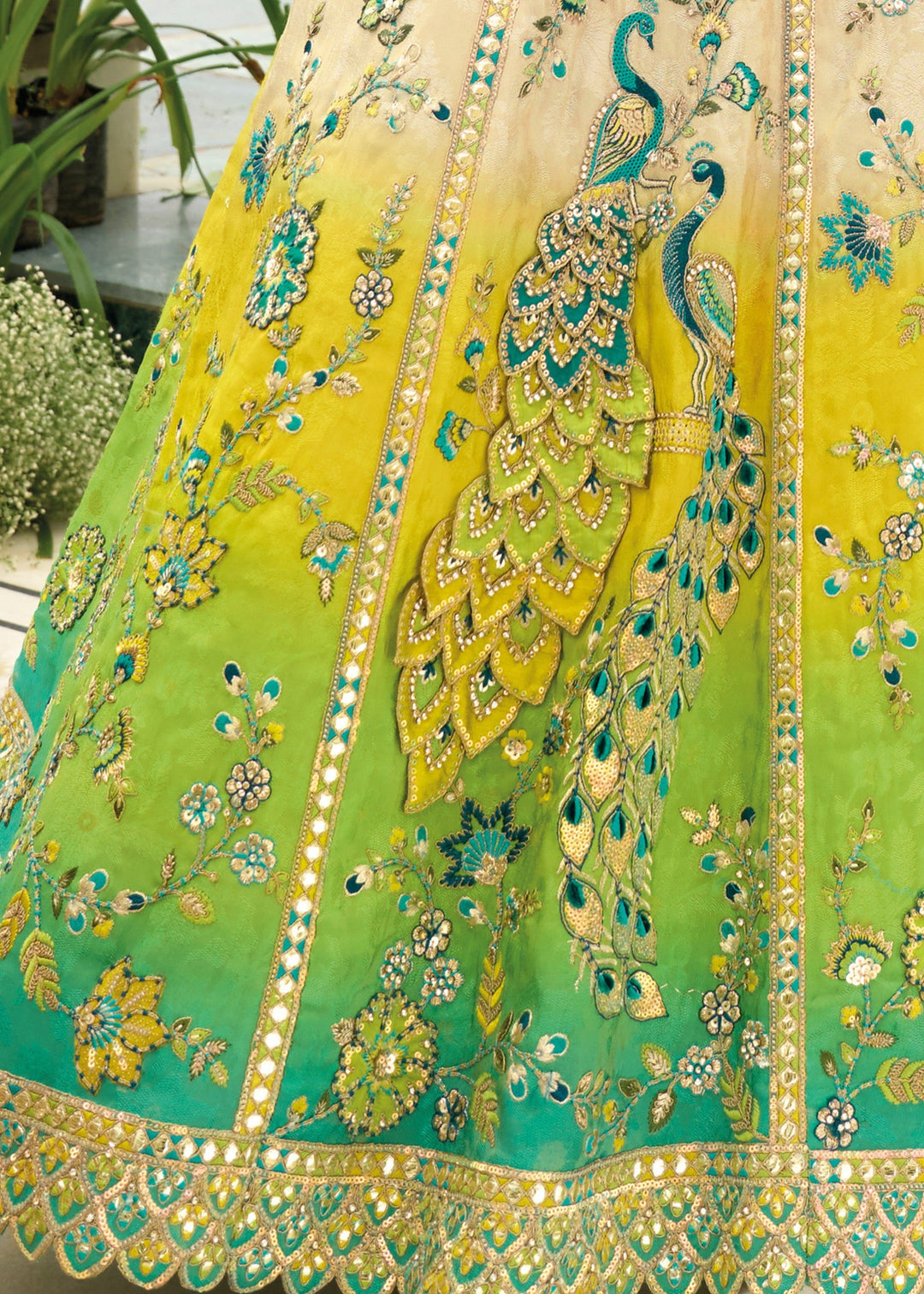 Green And White Banarasi Silk Lehenga With Heavy Embroidery Work | Ready To Wear - qivii
