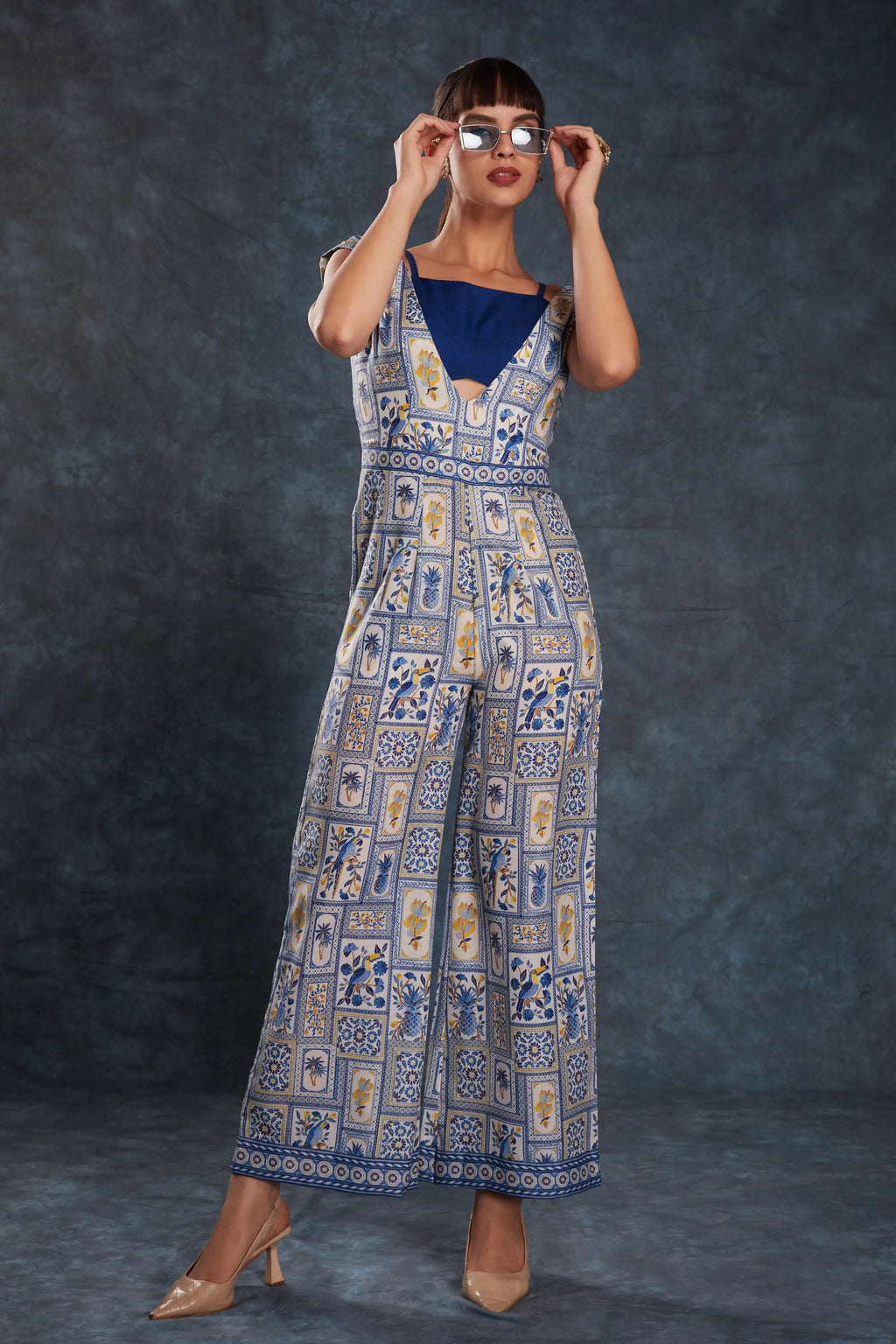 Navy Blue Printed Linen Co-ord Set