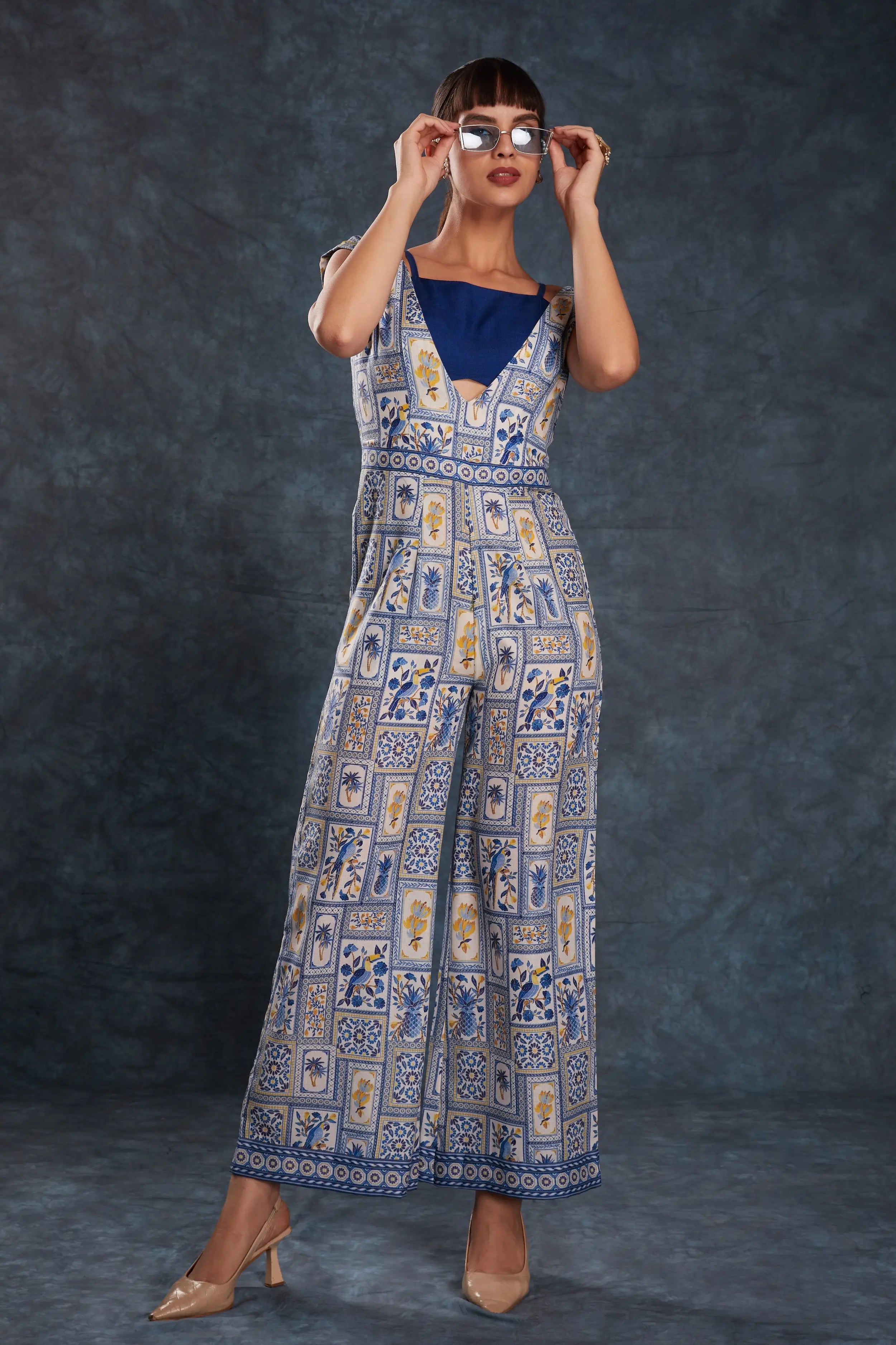 Navy Blue Printed Linen Co-ord Set