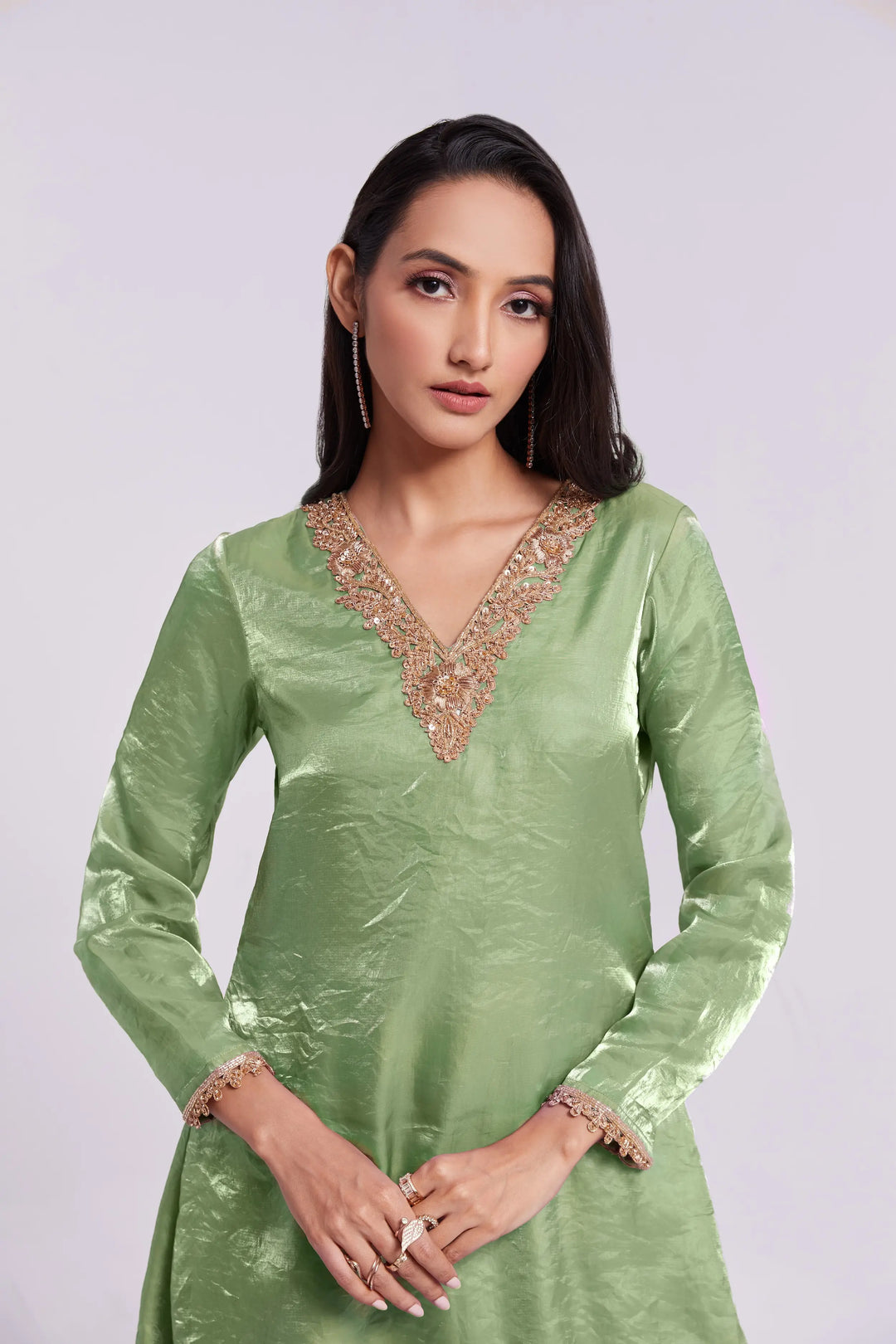 Pista Green Pure Organza Salwar Suit With Handwork - qivii