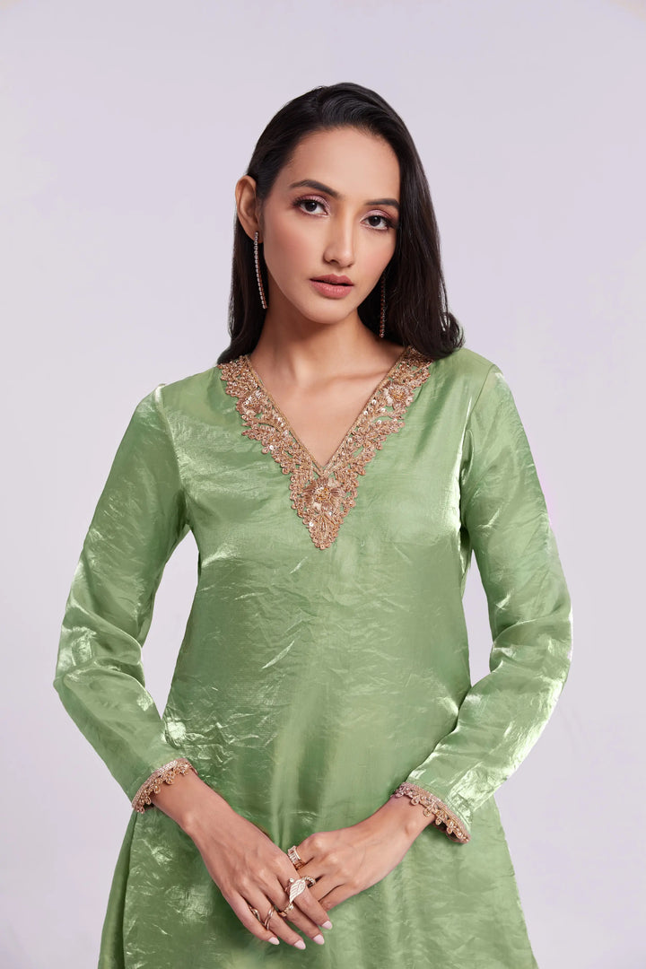 Pista Green Pure Organza Salwar Suit With Handwork - qivii