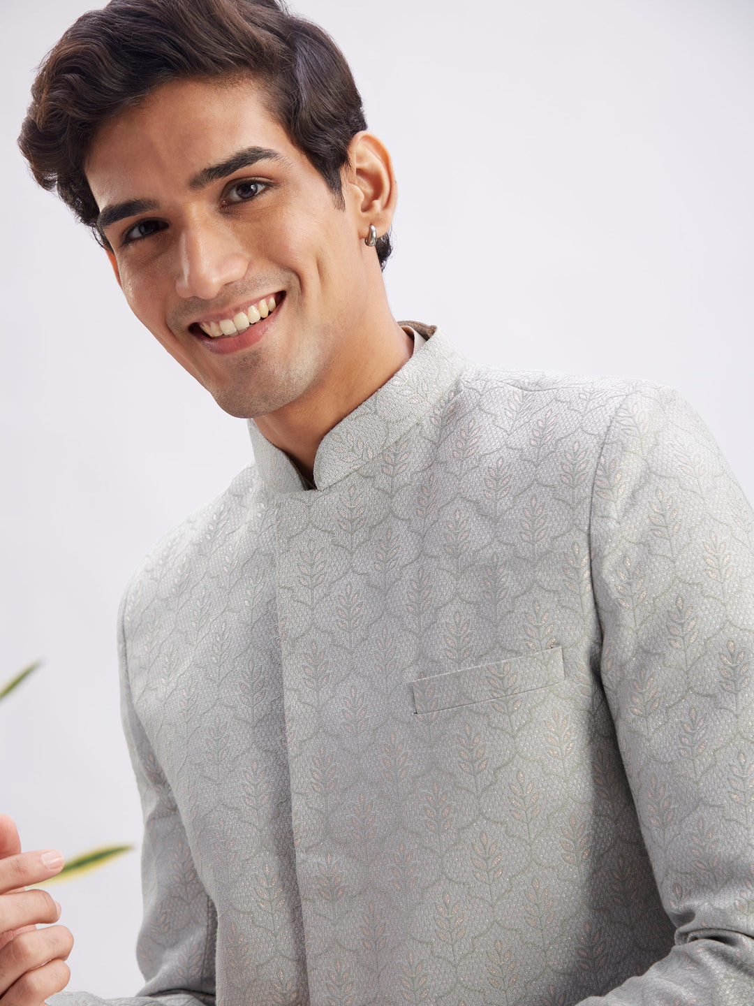 Men's Grey Jaccard Sherwani With Cream Kurta Pant Set