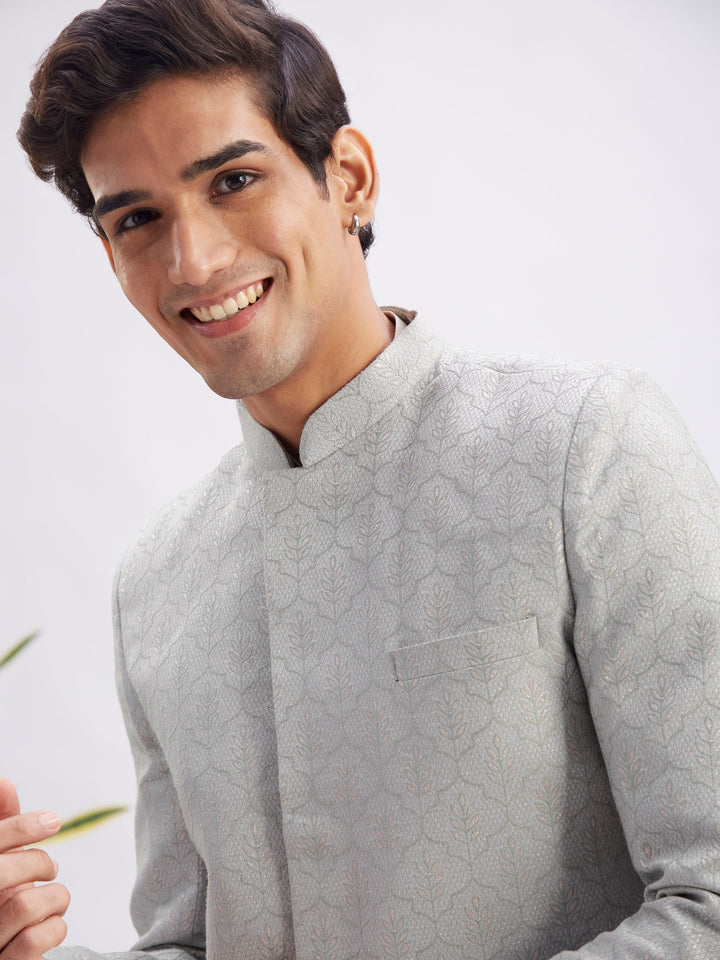 Men's Grey Jaccard Sherwani With Cream Kurta Pant Set