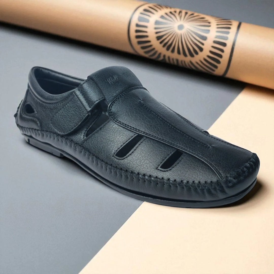 P&G N1404 Men's BLACK Slipon Sandal Extra Soft Sandal/Mojri/Ethnic Wear Leather With Adjustable Strap/Navratri Fashion Footwear. - qivii