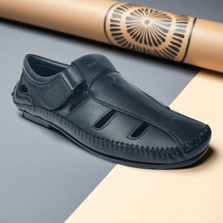 P&G N1404 Men's BLACK Slipon Sandal Extra Soft Sandal/Mojri/Ethnic Wear Leather With Adjustable Strap/Navratri Fashion Footwear. - qivii