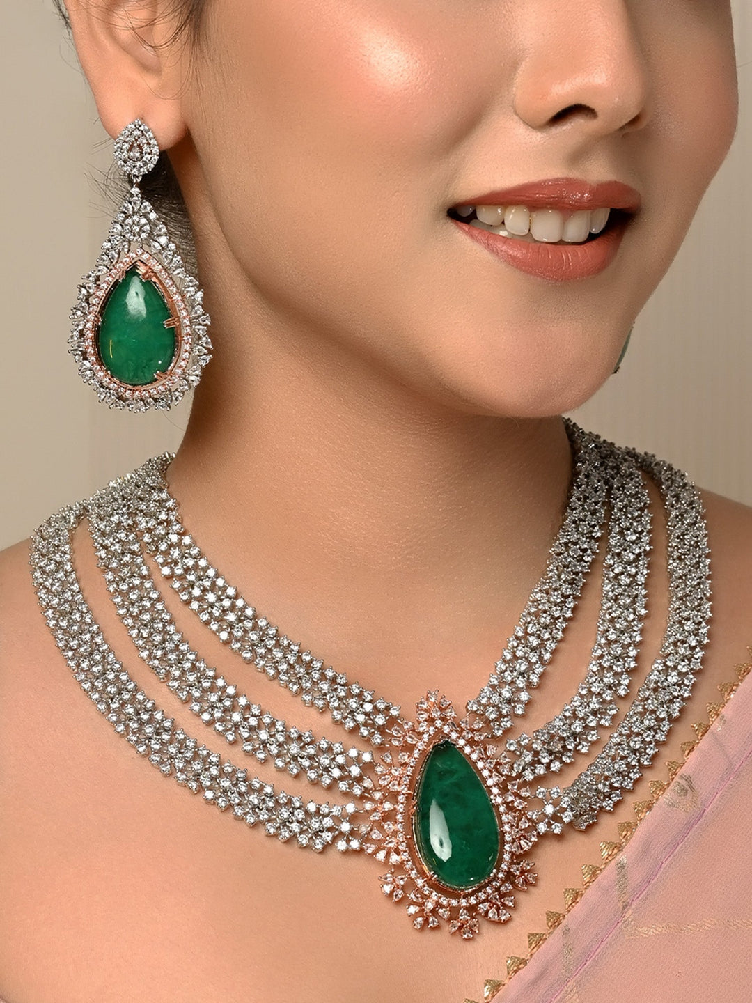Nishika Green American Diamond Necklace Set with intricate design and sparkling gemstones
