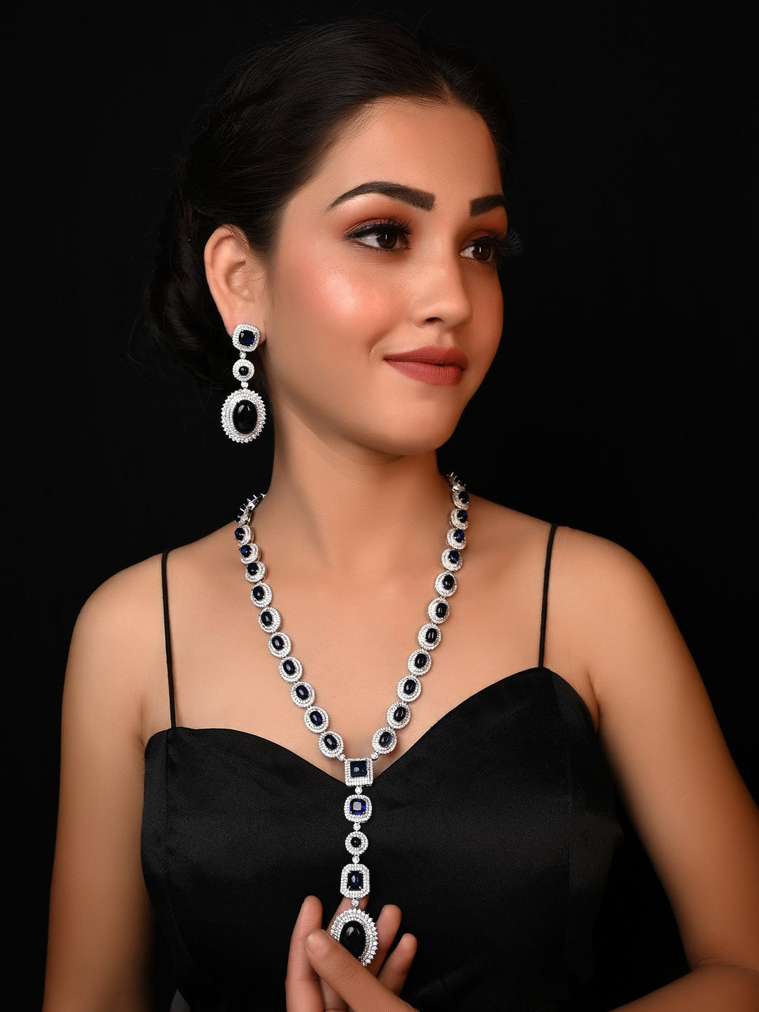 Beautiful Janifer Navy Blue American Diamond Set with stunning earrings and necklace
