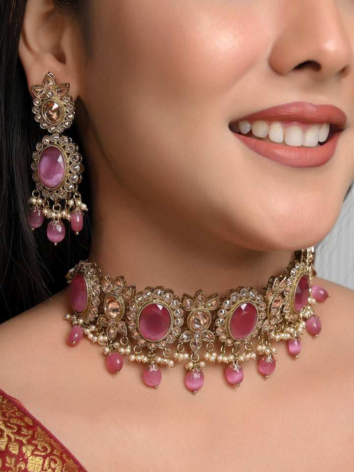 Elegant Zeenat Pink Polki Choker Set with Accompanying Earrings and Teeka